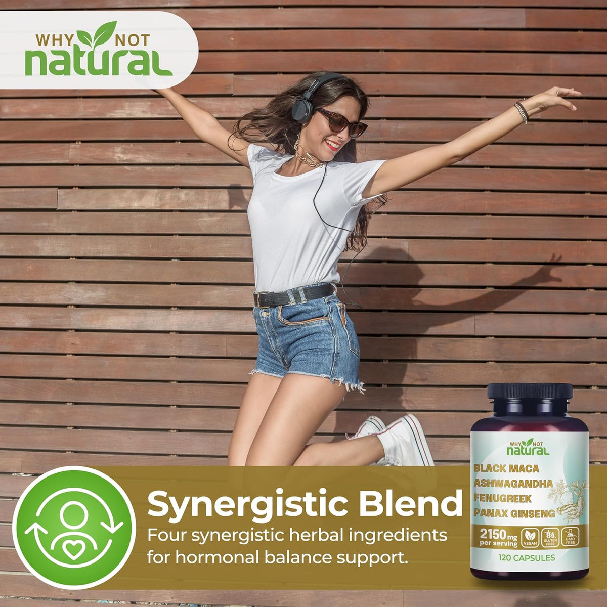 Why Not Natural 4-in-1 Organic Black Maca Root, Ashwagandha, Fenugreek, Panax Ginseng Capsules, Supplement for Men and Women