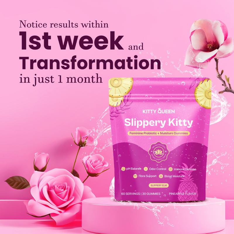 Slippery Kitty Feminine Probiotic + Moisture Gummies - All in One Solution with Slippery Elm 60 Count Pineapple Flavor