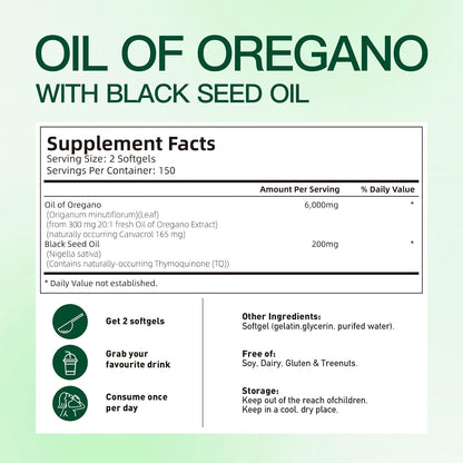 Oil of Oregano Capsules, Balanced Oil of Oregano with Black Seed Oil, Softgels, Non-GMO