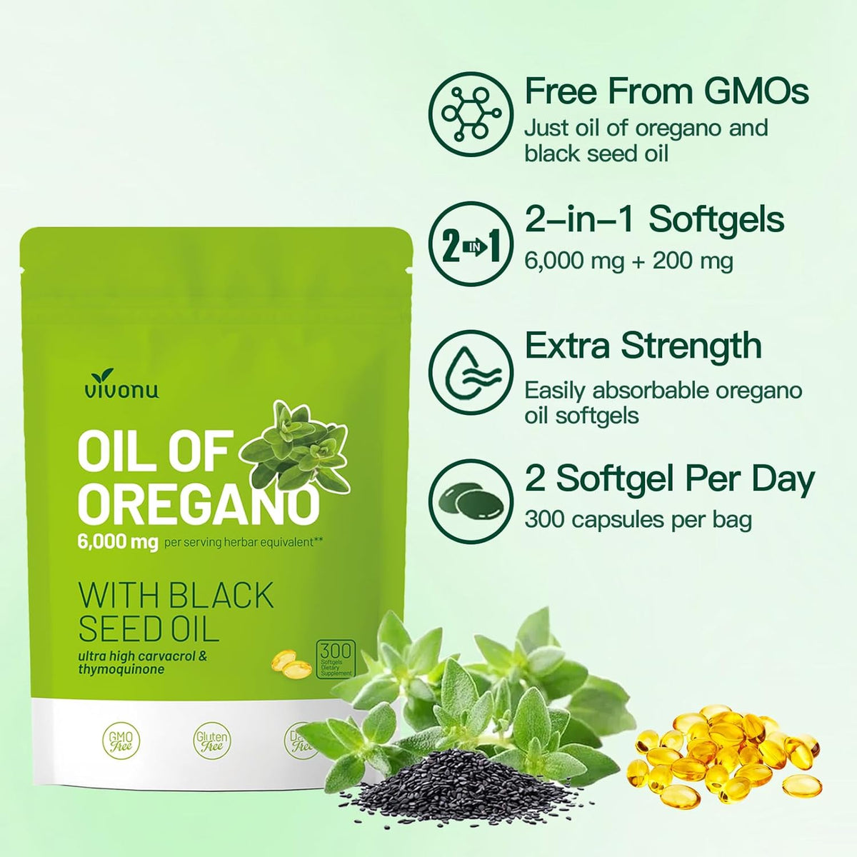 Oil of Oregano Capsules, Balanced Oil of Oregano with Black Seed Oil, Softgels, Non-GMO