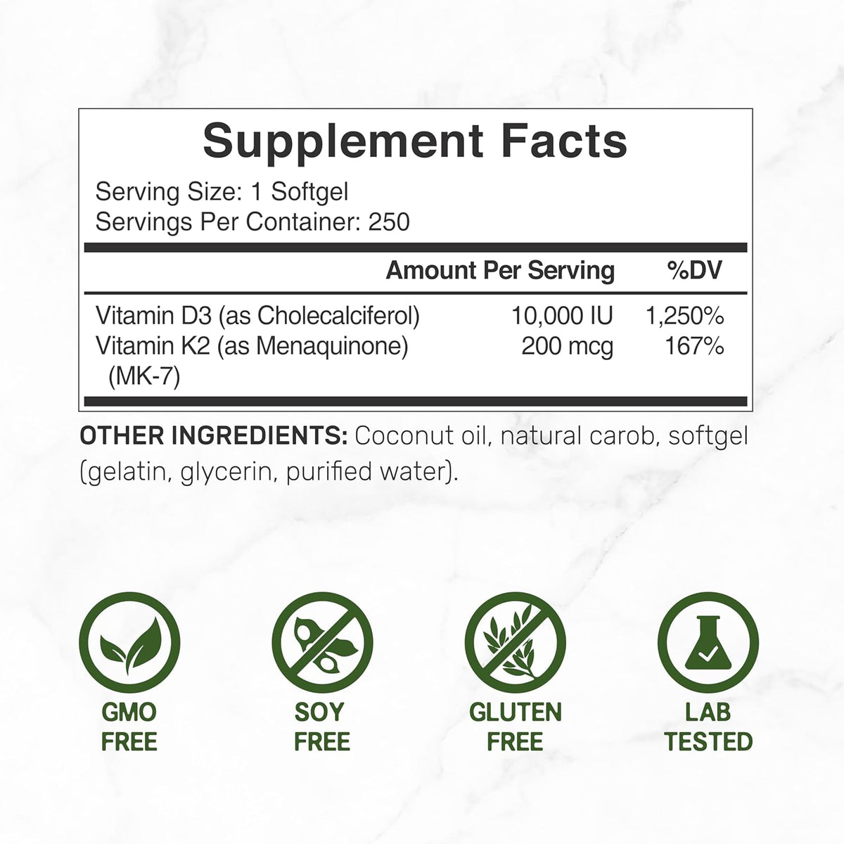 D3 & K2 MK-7 Synergy Complex | Supports Immune, Bone & Dental Health | 250 Easy-Swallow Softgels with Coconut Oil
