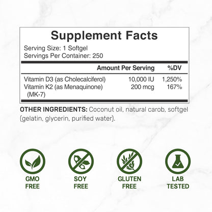 D3 & K2 MK-7 Synergy Complex | Supports Immune, Bone & Dental Health | 250 Easy-Swallow Softgels with Coconut Oil