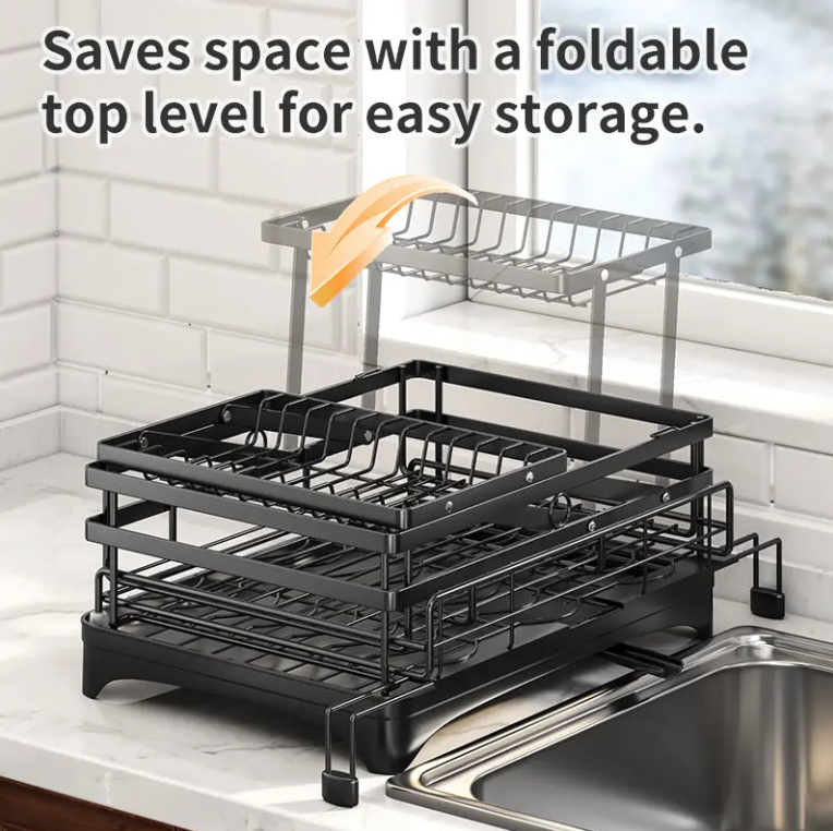 2 Tier Over Sink Dish Drying Rack | Foldable Space Saving Organizer