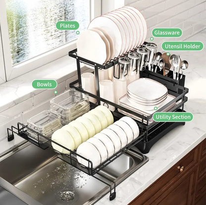 2 Tier Over Sink Dish Drying Rack | Foldable Space Saving Organizer