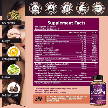 Rainbow Nutrients Hair Growth Formula Collagen & Biotin Complex for Healthy Hair, Skin & Nails from Within